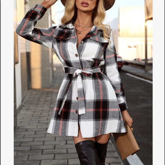Cozy Plaid Button Up Belted Shirt Dress - Picture 6 of 6